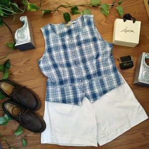 Blue Plaid Sleeveless Snap Button Top